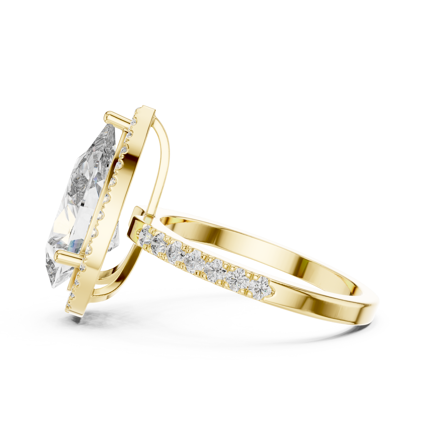 Pear Cut Halo Lab Grown Diamond Engagement Ring with Pavé Band in Yellow Gold