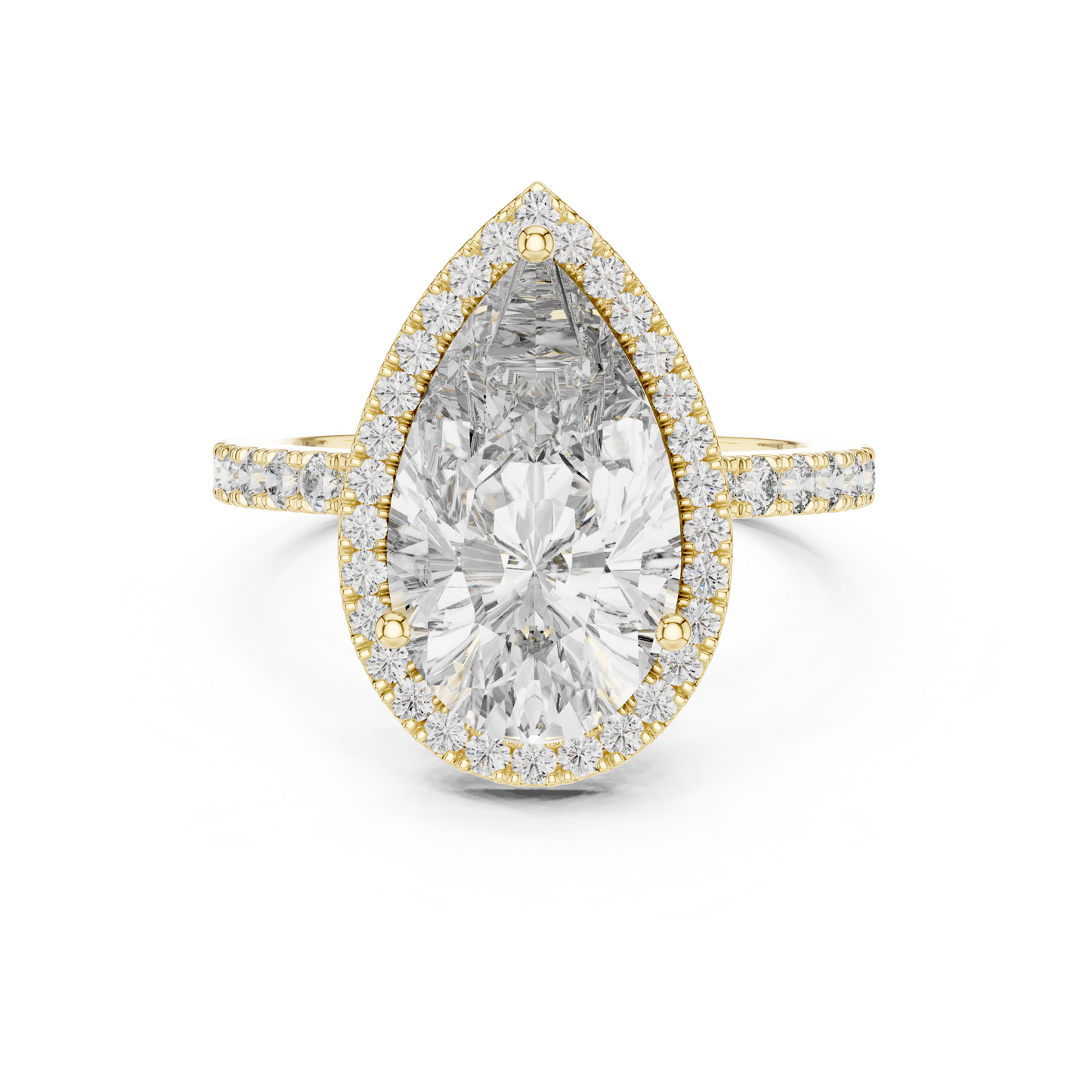Pear Cut Halo Lab Grown Diamond Engagement Ring with Pavé Band in Yellow Gold
