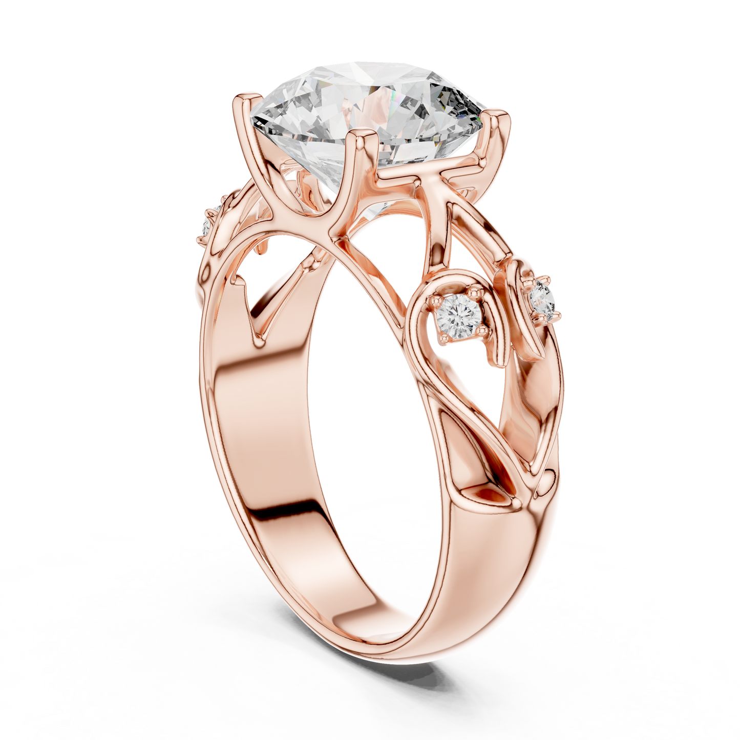 Nature-Inspired Round Cut Diamond Engagement Ring with Vine Leaf Rose Gold Band
