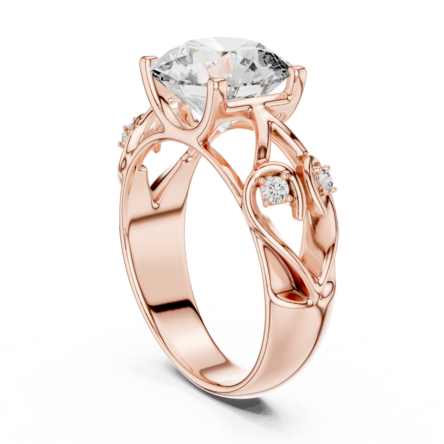Nature-Inspired Round Cut Diamond Engagement Ring with Vine Leaf Rose Gold Band