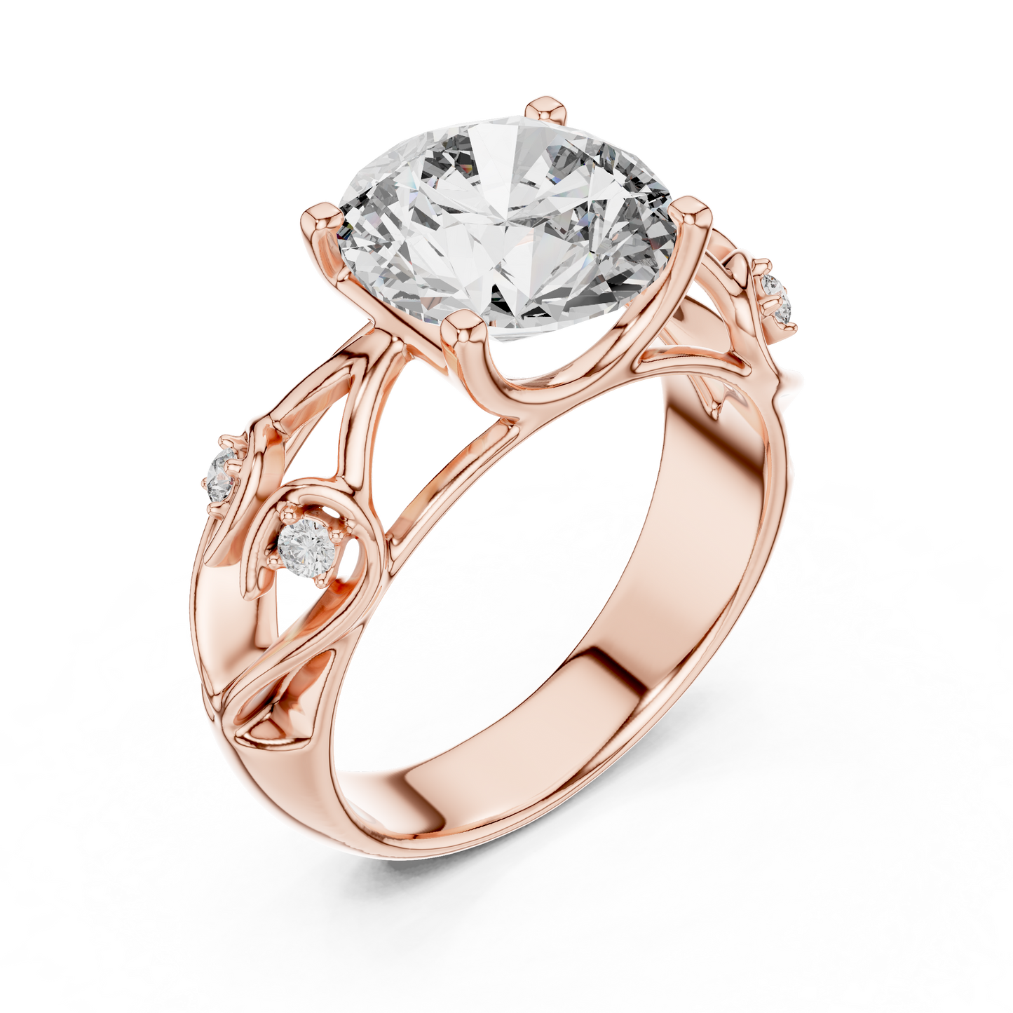 Nature-Inspired Round Cut Diamond Engagement Ring with Vine Leaf Rose Gold Band