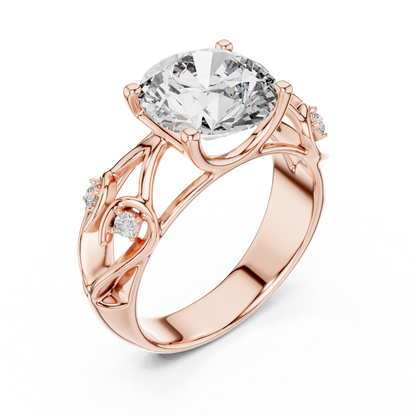 Nature-Inspired Round Cut Diamond Engagement Ring with Vine Leaf Rose Gold Band
