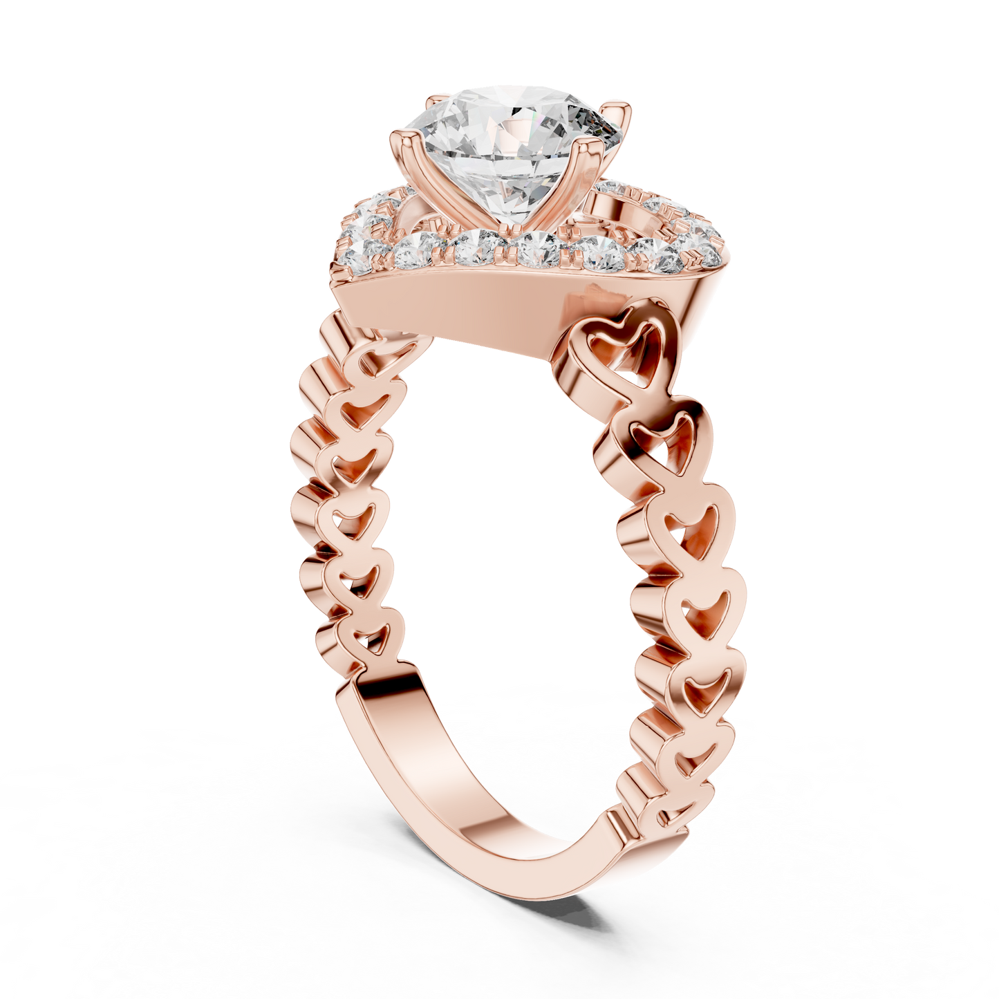 Heart Halo Round Diamond Cluster Engagement Ring with Open Heart Shank