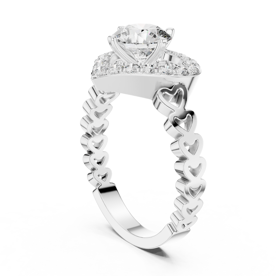 Heart Halo Round Diamond Cluster Engagement Ring with Open Heart Shank