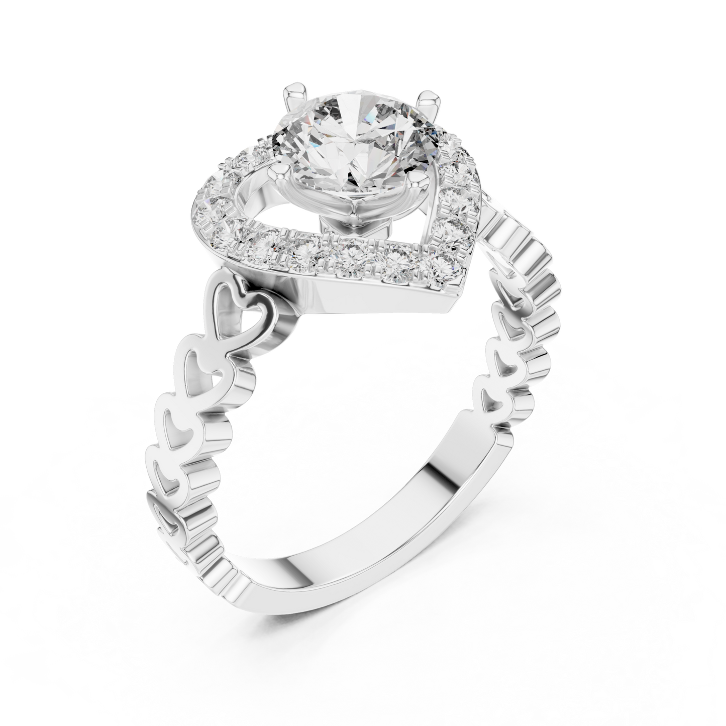 Heart Halo Round Diamond Cluster Engagement Ring with Open Heart Shank