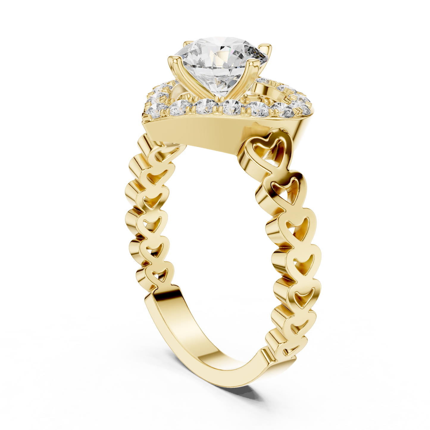 Heart Halo Round Diamond Cluster Engagement Ring with Open Heart Shank