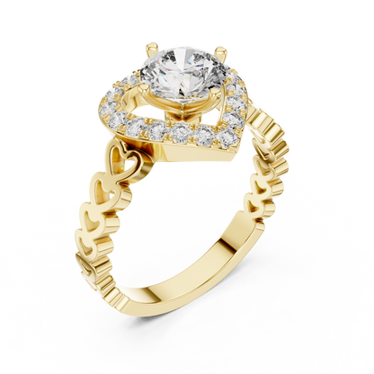 Heart Halo Round Diamond Cluster Engagement Ring with Open Heart Shank