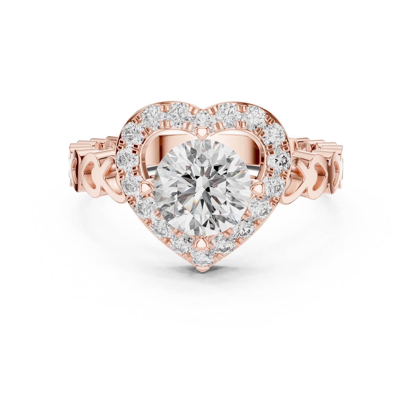 Heart Halo Round Diamond Cluster Engagement Ring with Open Heart Shank