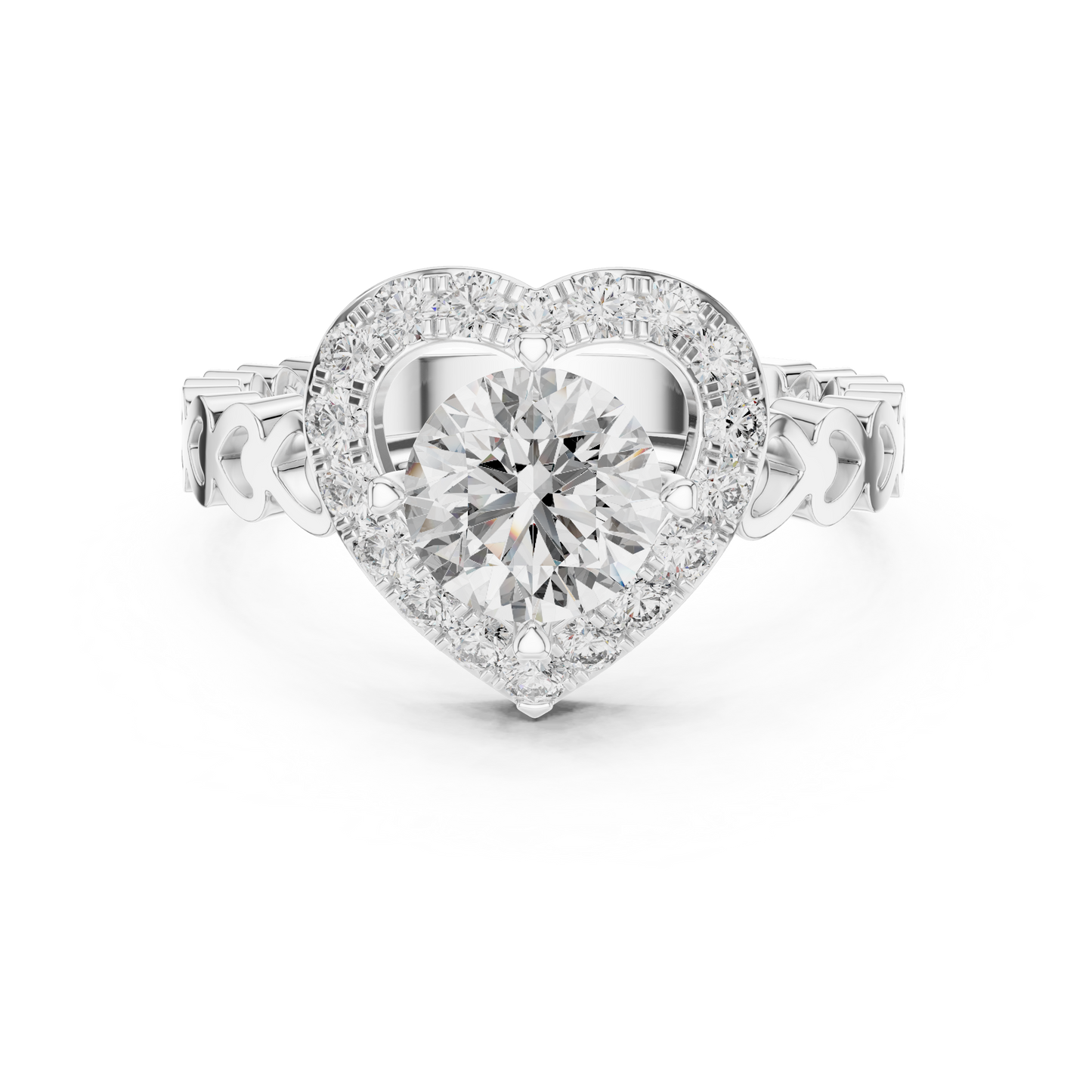 Heart Halo Round Diamond Cluster Engagement Ring with Open Heart Shank