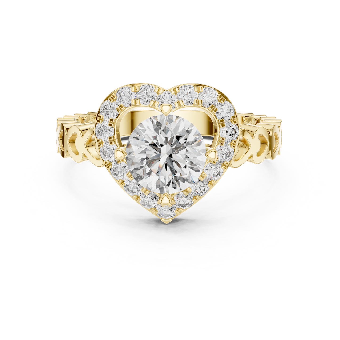 Heart Halo Round Diamond Cluster Engagement Ring with Open Heart Shank