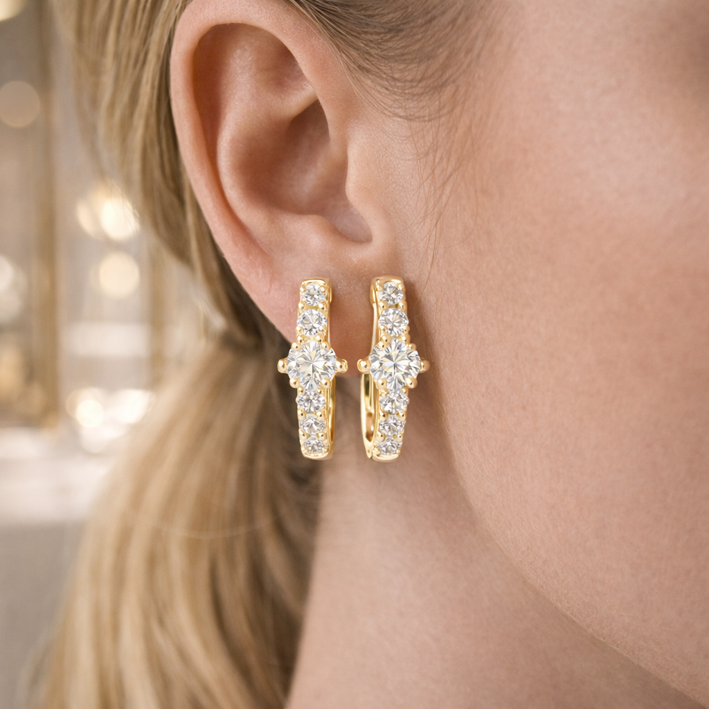 Luxury Gold Hoop Earrings | Round-Cut Diamond Cluster Design