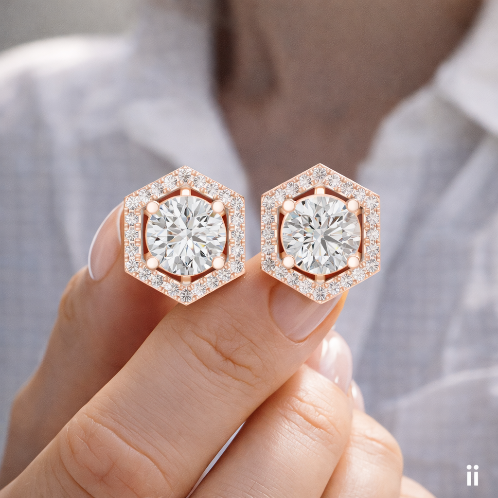 Hexagon Halo Round Lab Grown Diamond Stud Earrings in 14K Rose Gold