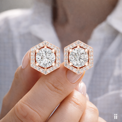 Hexagon Halo Round Lab Grown Diamond Stud Earrings in 14K Rose Gold