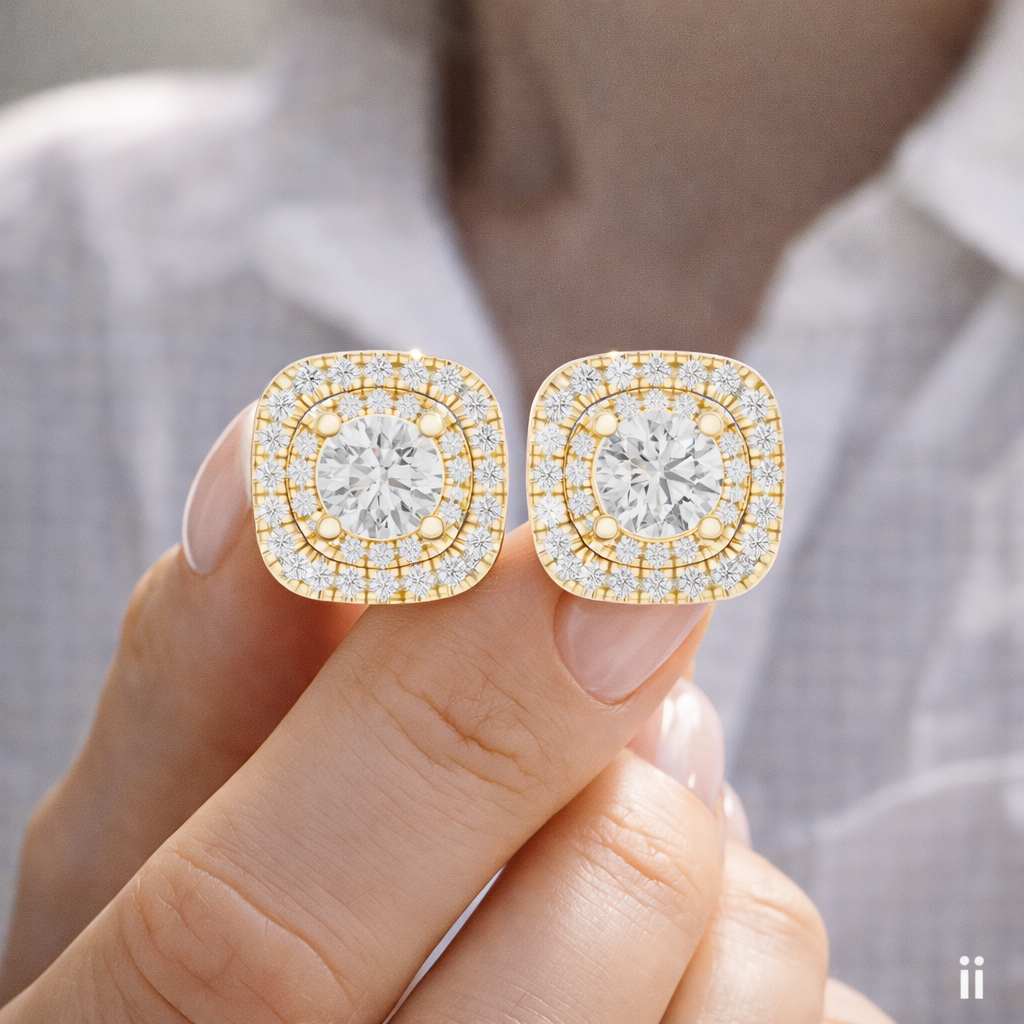 Round Cut Lab Grown Diamond Double Halo Stud Earrings in 14K Yellow Gold