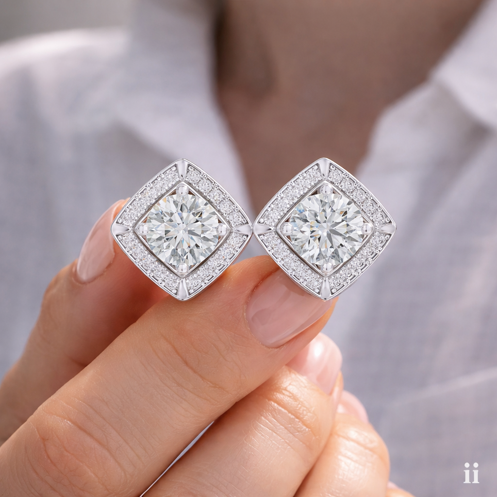 Square Halo Round Lab Grown Diamond Stud Earrings in 14K White Gold | Elegant Diamond Earrings