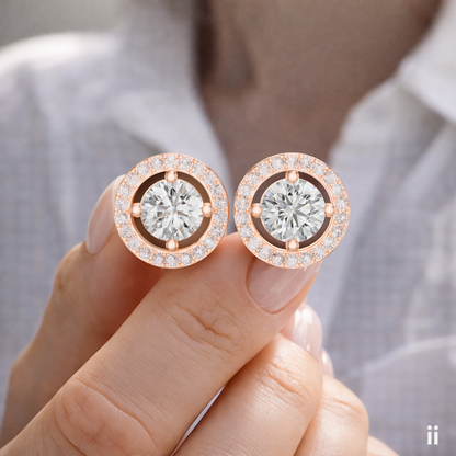 Round Halo Lab Grown Diamond Stud Earrings in 14K Rose Gold