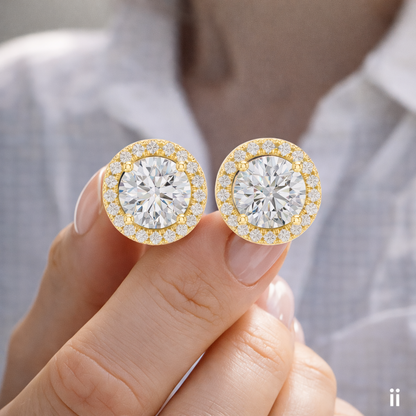 Round Halo Lab Grown Diamond Stud Earrings in 14K Yellow Gold | Classic Diamond Earrings for Women