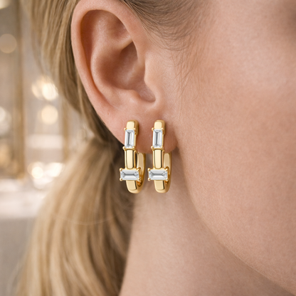 Luxury Gold Hoop Earrings | Emerald-Cut Diamond Design