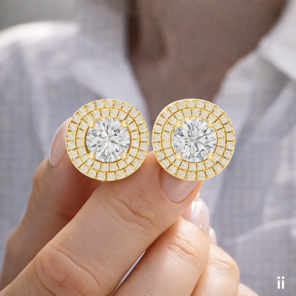 Double Halo Round Lab Grown Diamond Stud Earrings in 14K Yellow Gold