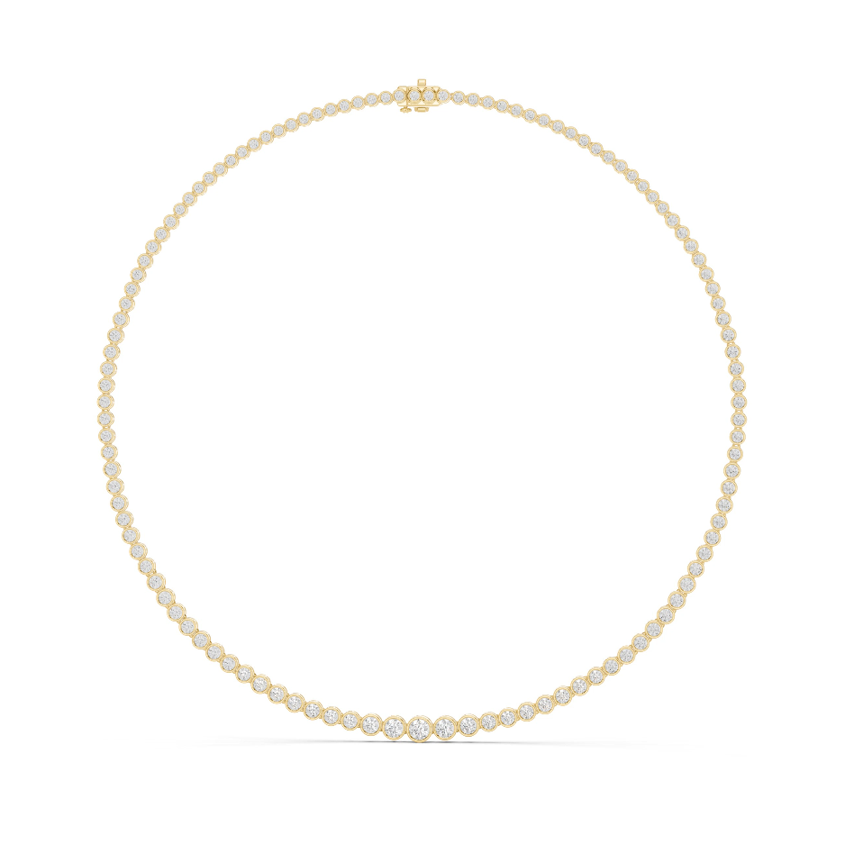Luxury Graduated Lab Grown Diamond Tennis Necklace in Yellow Gold | Round Bezel Set Diamond Necklace