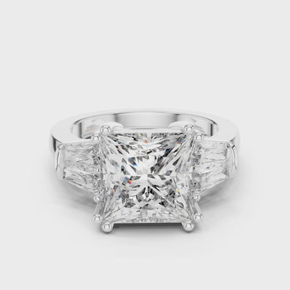 Princess Cut Three Stone Lab-Grown Diamond Ring with Trillion Side Stones in White Gold