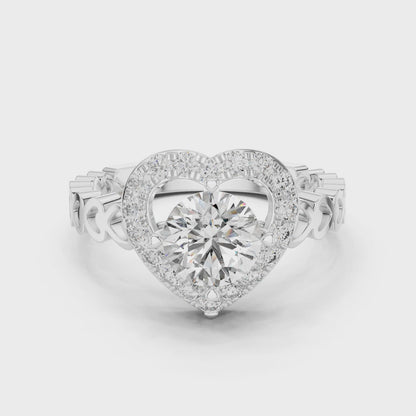 Heart Halo Round Diamond Cluster Engagement Ring with Open Heart Shank