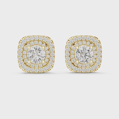Round Cut Lab Grown Diamond Double Halo Stud Earrings in 14K Yellow Gold