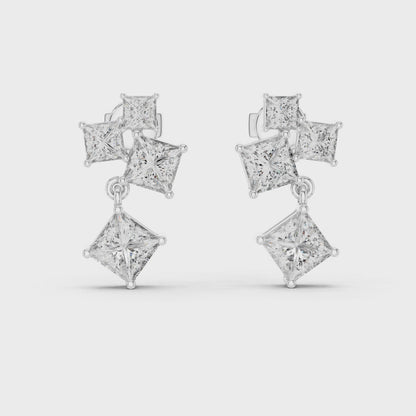 Princess-Cut Diamond Cluster Chandelier Earrings in White Gold