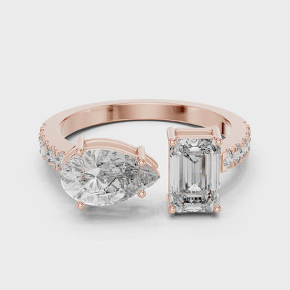 Toi et Moi Rose Gold Open Cuff Ring with Emerald & Pear Diamonds in Rose Gold