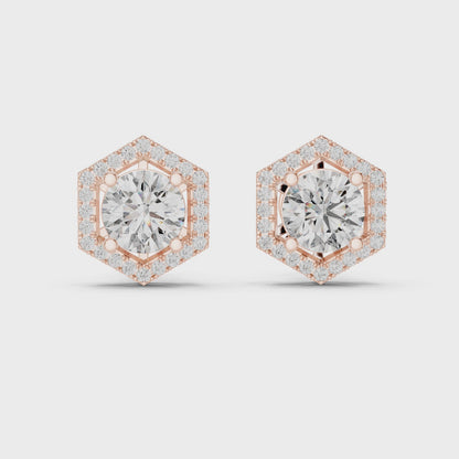 Hexagon Halo Round Lab Grown Diamond Stud Earrings in 14K Rose Gold