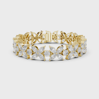Gold Diamond Floral Cluster Bracelet - Marquise & Round Cut Luxury
