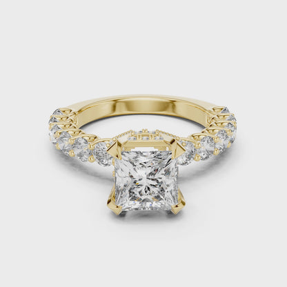 Princess Cut Cluster Diamond Engagement Ring in 14K Yellow Gold