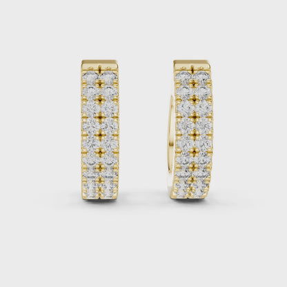 14K Yellow Gold Two Row Round Diamond Huggie Hoop Earrings
