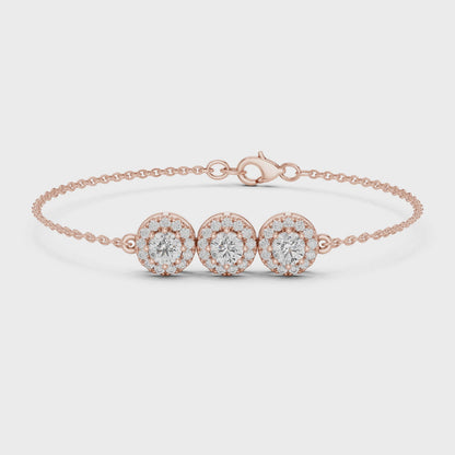 14K Rose Gold Triple Halo Round Diamond Chain Bracelet for Women