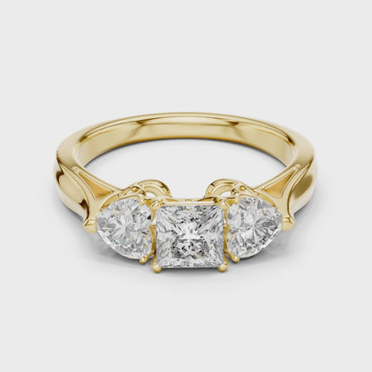 Luxury Gold Three Stone Ring | Princess-Cut Diamond with Heart Side Stones