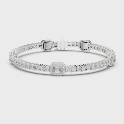14K White Gold Emerald Cut Diamond Cluster Bracelet | Halo Tennis Bracelet