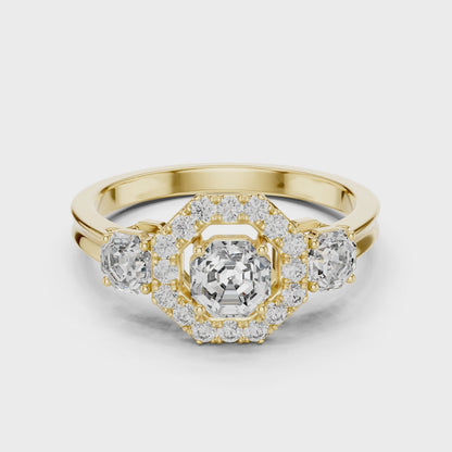 Three Stone Round Cut Diamond Halo Ring in 14K Yellow Gold