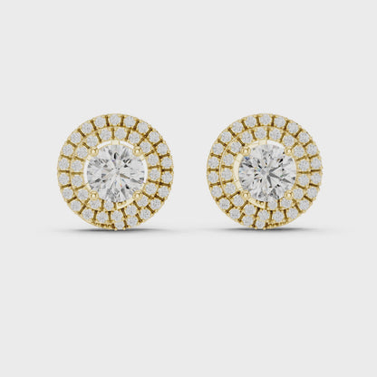 Double Halo Round Lab Grown Diamond Stud Earrings in 14K Yellow Gold