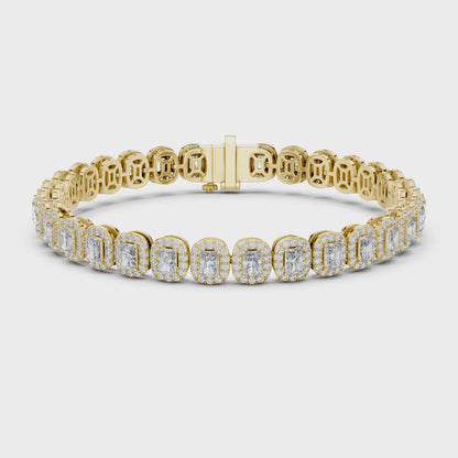 Luxury Lab-Grown Emerald Cut Diamond Halo Cluster Bracelet in 14K Yellow Gold