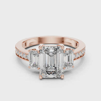Emerald Cut Three Stone Pave Diamond Ring in 14K Rose Gold