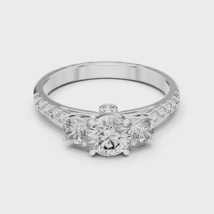 Three Stone Round Brilliant Diamond Ring with Pavé Band in 14K White Gold