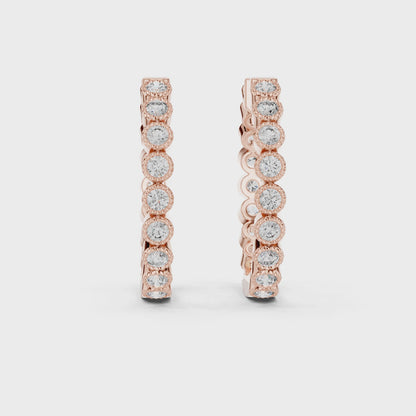 14K Rose Gold Bezel Set Round Diamond Huggie Hoop Earrings