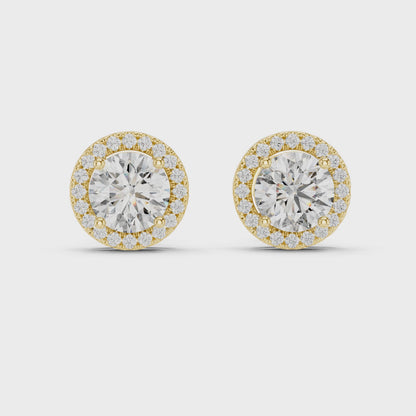 Round Halo Lab Grown Diamond Stud Earrings in 14K Yellow Gold | Classic Diamond Earrings for Women