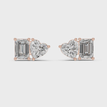 Rose Gold Diamond Toi Et Moi Earrings – Heart & Emerald Cut